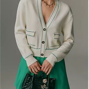 Anthropologie Maeve Cream Cardigan with Green Trim